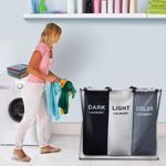 Market - Spalare si intretinere rufe - Uscatoare de rufe si accesorii - Cos de rufe pliabil, 3 compartimente, cadru din aluminiu si panza oxford, 135 L, 65.5 x 39.5 x 60 cm, Multicolor - Infinity.ro