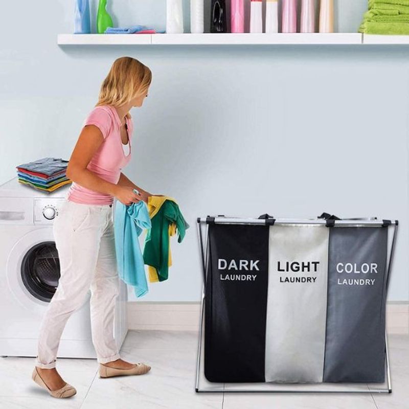 Market - Spalare si intretinere rufe - Uscatoare de rufe si accesorii - Cos de rufe pliabil, 3 compartimente, cadru din aluminiu si panza oxford, 135 L, 65.5 x 39.5 x 60 cm, Multicolor - Infinity.ro