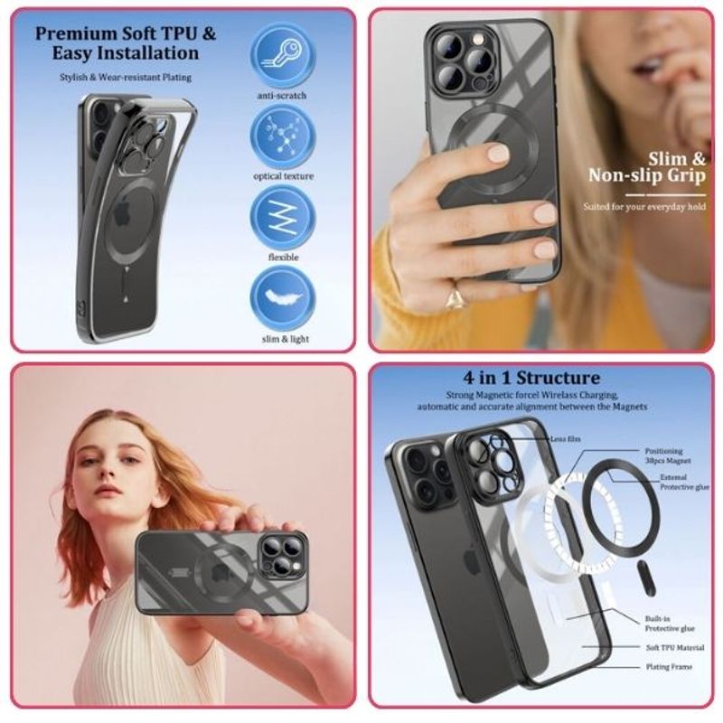 Laptop, Telefoane si Tablete - Telefoane mobile si accesorii - Accesorii Telefoane - Huse telefoane - Husa pentru iPhone 16 Pro, TPU, MagSafe, Anti-Alunecare, Anti-Galbenire, Transparenta cu Margine Neagra - Infinity.ro