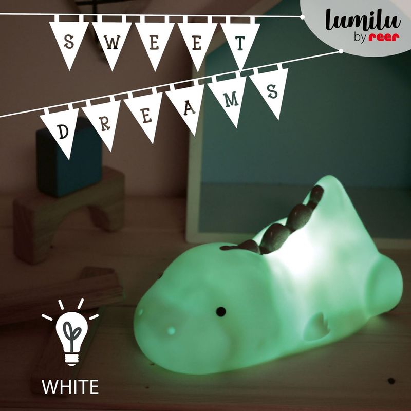 Casa si Gradina - Corpuri si surse de iluminat - Veioze si lampi - Lampi de veghe copii - Lampa de veghe si veioza cu LED, lumina reglabila si oprire cronometrata, forma dinozaur, turcoaz, Lumilu Friends Dino - Infinity.ro