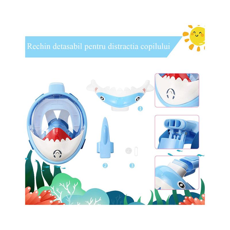 Jucarii, Copii si Bebe - Jucarii si jocuri - Jucarii de exterior - Jucarii pentru plaja si nisip - Masca snorkeling cu tub pentru copii model rechin, albastra - Infinity.ro