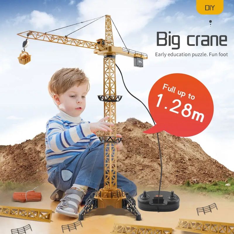 Jucarii, Copii si Bebe - Jucarii si jocuri - Vehicule si jucarii cu telecomanda - Utilaje constructie de jucarie - Macara de Jucarie, cu Telecomanda, Lampa LED, Ridicare si Coborare Carlig, 1.28m, Galben/Negru - Infinity.ro