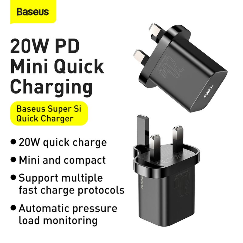 Laptop, Telefoane si Tablete - Telefoane mobile si accesorii - Accesorii Telefoane - Incarcatoare telefoane - Incarcator Type-C cu Plug UK, Quick Charge 20W, Baseus Super Si (CCSUP-K01), negru - Infinity.ro