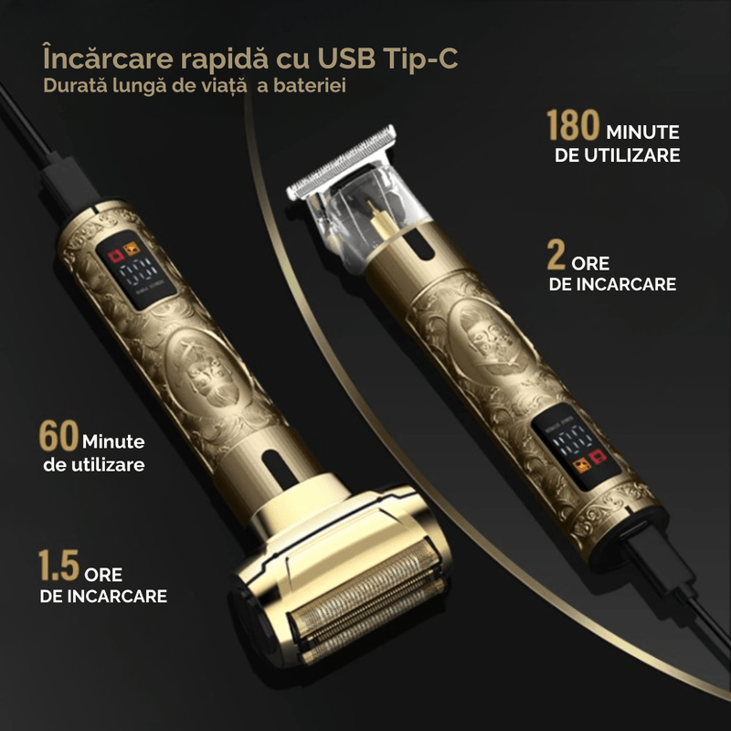 Ingrijire personala si Cosmetice - Aparate & accesorii ingrijire personala - Aparate de ras si tuns - Aparate de ras electrice - Set Masina de Tuns Parul si Aparat de Ras, Trei Lame, Fara Fir, USB, Display, Impermeabil, Lama Ceramica din Titan - Infinity.ro