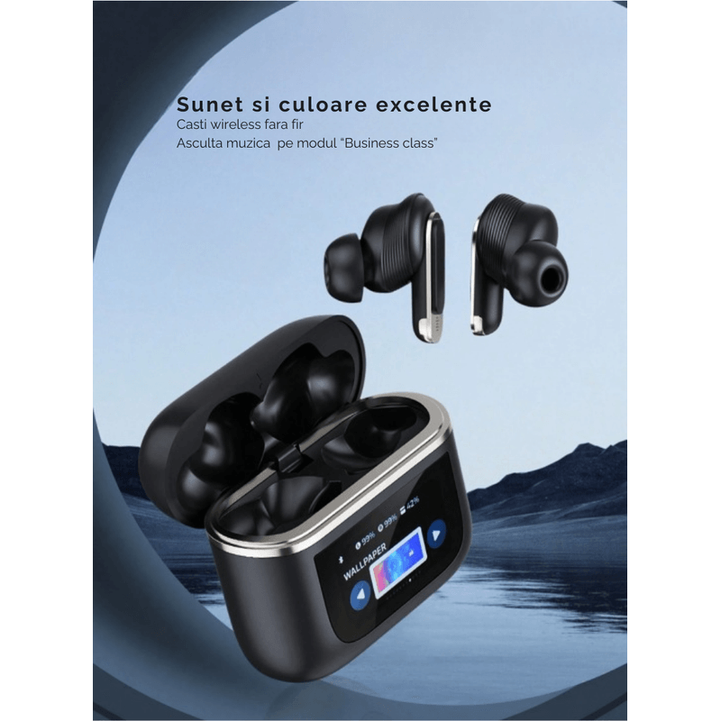 TV, Audio-Video si Foto - Portabile audio - Casti audio - Casti Wireless, Smart Case cu Touch Screen, Noise Cancelling 360°, Microfon, Control Tactil, Compatibil cu Bluetooth 5.3 - Infinity.ro