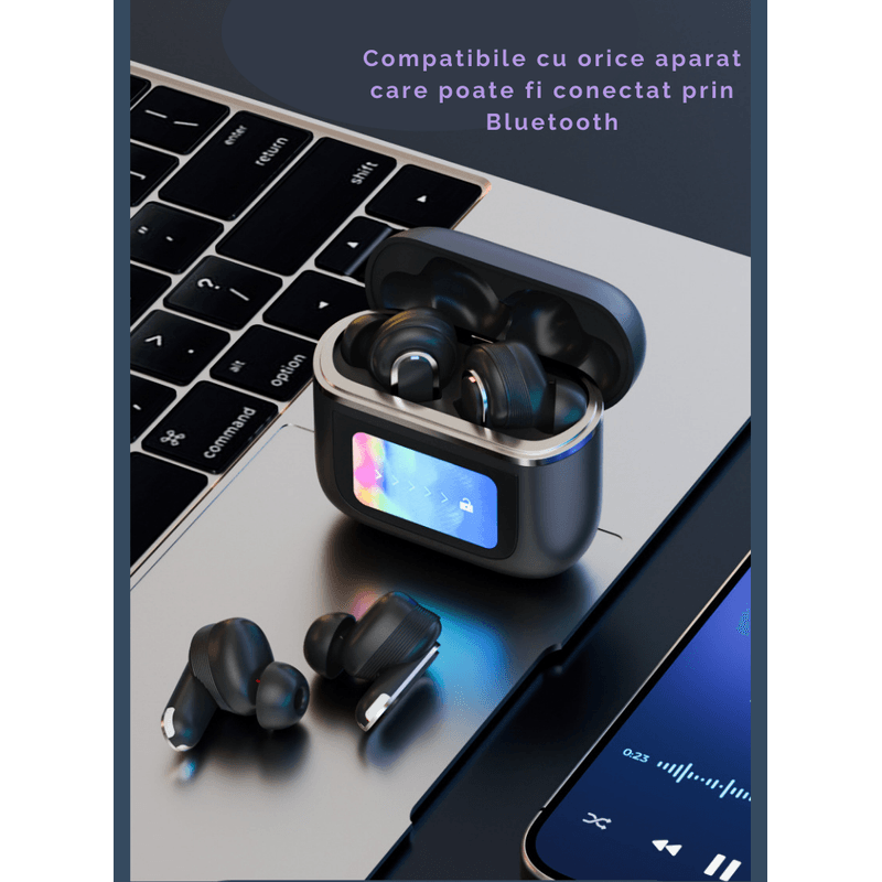 TV, Audio-Video si Foto - Portabile audio - Casti audio - Casti Wireless, Smart Case cu Touch Screen, Noise Cancelling 360°, Microfon, Control Tactil, Compatibil cu Bluetooth 5.3 - Infinity.ro