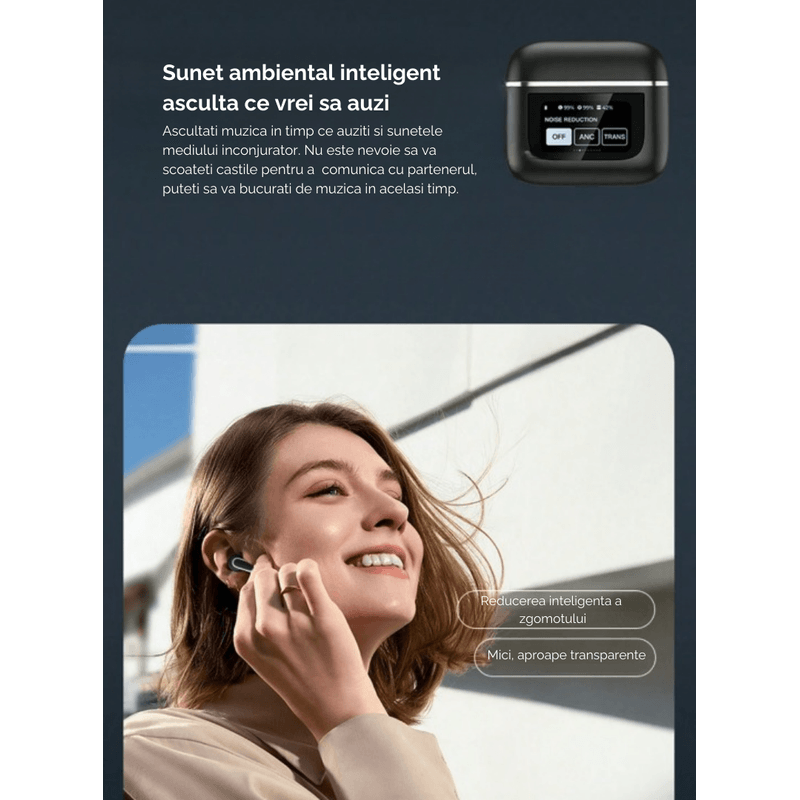 TV, Audio-Video si Foto - Portabile audio - Casti audio - Casti Wireless, Smart Case cu Touch Screen, Noise Cancelling 360°, Microfon, Control Tactil, Compatibil cu Bluetooth 5.3 - Infinity.ro