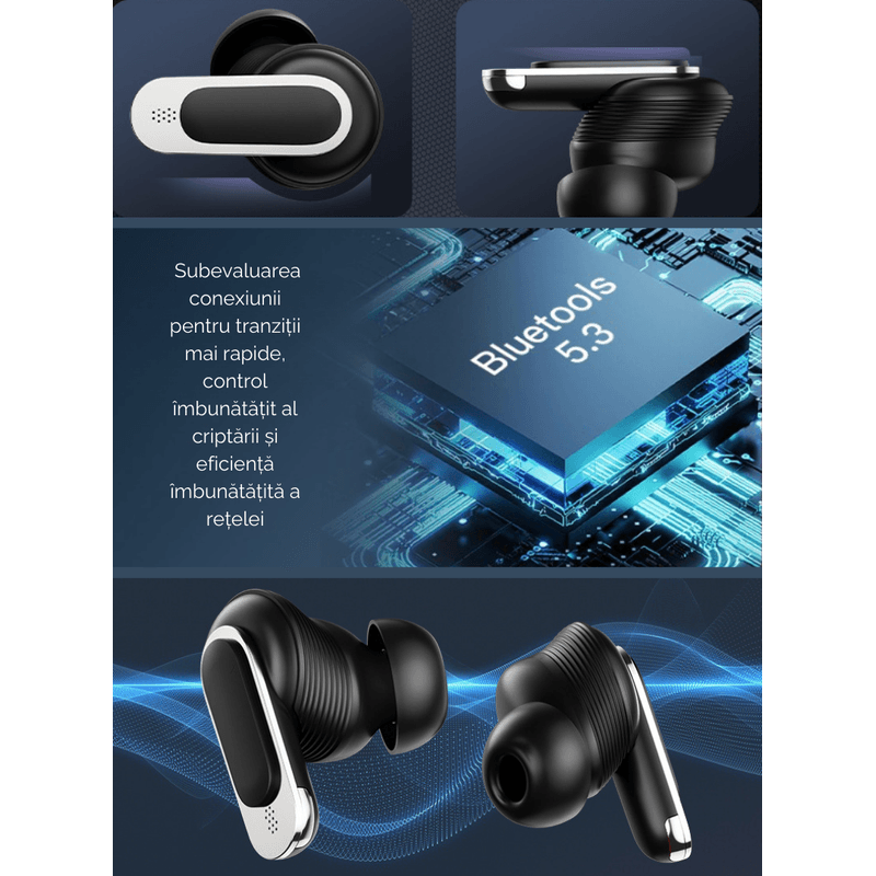 TV, Audio-Video si Foto - Portabile audio - Casti audio - Casti Wireless, Smart Case cu Touch Screen, Noise Cancelling 360°, Microfon, Control Tactil, Compatibil cu Bluetooth 5.3 - Infinity.ro
