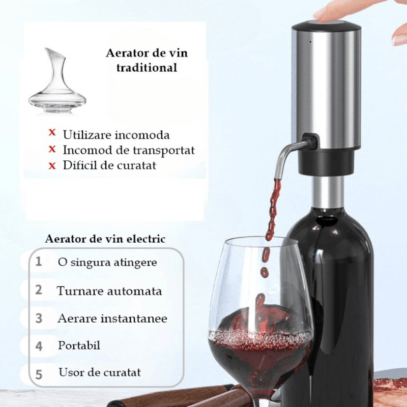 Casa si Gradina - Bucatarie si vesela - Accesorii bar - Tirbusoane si dopuri - Decantor cu Aerator de Vin, Electric Reincarcabil USB, Inox, Buton Pornire-Oprire, FilSAB - Infinity.ro