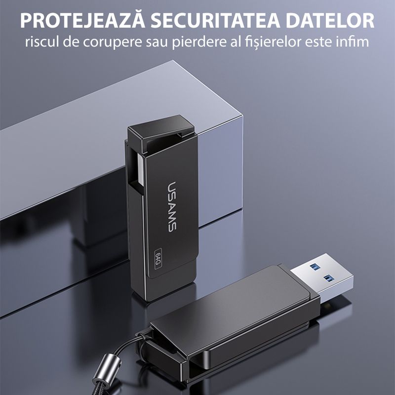 PC, gaming si accesorii - Periferice PC - Memorii USB - Stick de Memorie USB 128GB, Usams Rotable (US-ZB197), Iron gri - Infinity.ro