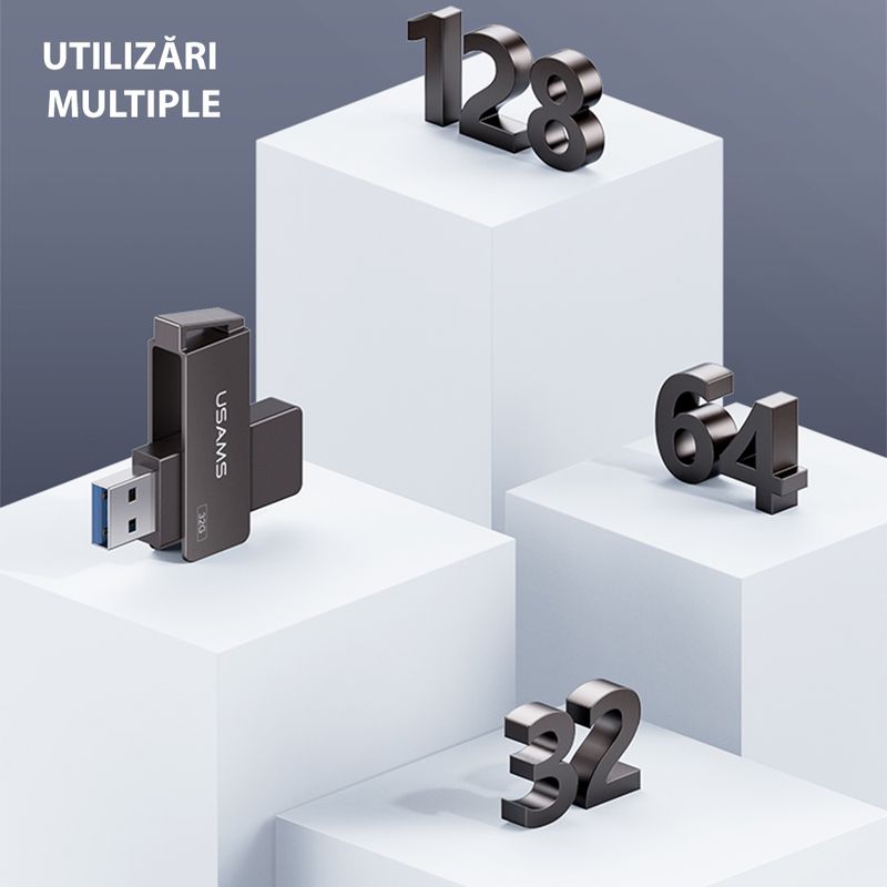 PC, gaming si accesorii - Periferice PC - Memorii USB - Stick de Memorie USB 128GB, Usams Rotable (US-ZB197), Iron gri - Infinity.ro
