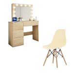 Casa si Gradina - Mobilier - Comode si corpuri - Masute de toaleta - Masa de toaleta/machiaj + Scaun stil scandinav, Artool, stejar, cu oglinda si LED-uri, 94x43x141 cm - Infinity.ro