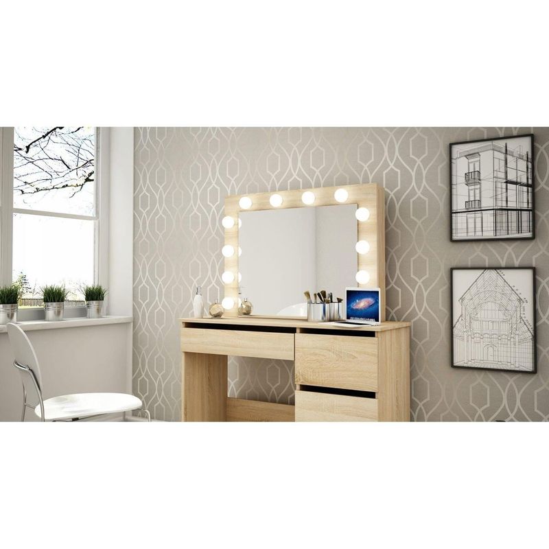 Casa si Gradina - Mobilier - Comode si corpuri - Masute de toaleta - Masa de toaleta/machiaj + Scaun stil scandinav, Artool, stejar, cu oglinda si LED-uri, 94x43x141 cm - Infinity.ro