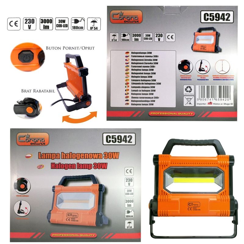 Casa si Gradina - Corpuri si surse de iluminat - Iluminat comercial si industrial - Proiectoare si lampi de lucru - Proiector lucru, LED COB, 30 W, 3000 lm, IP54, Richmann Exclusive - Infinity.ro