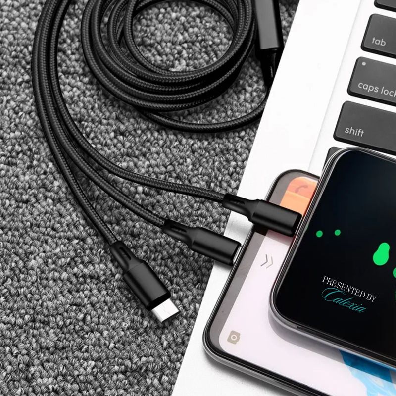 Laptop, Telefoane si Tablete - Telefoane mobile si accesorii - Accesorii Telefoane - Cabluri si adaptoare telefoane - Cablu de incarcare rapida 2.1A, 3 in 1, compatibil iPhone, Android si Type-C, conexiune sigura, 1.2 m, Negru - Infinity.ro