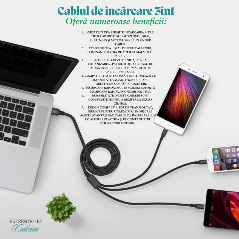 Laptop, Telefoane si Tablete - Telefoane mobile si accesorii - Accesorii Telefoane - Cabluri si adaptoare telefoane - Cablu de incarcare rapida 2.1A, 3 in 1, compatibil iPhone, Android si Type-C, conexiune sigura, 1.2 m, Negru - Infinity.ro