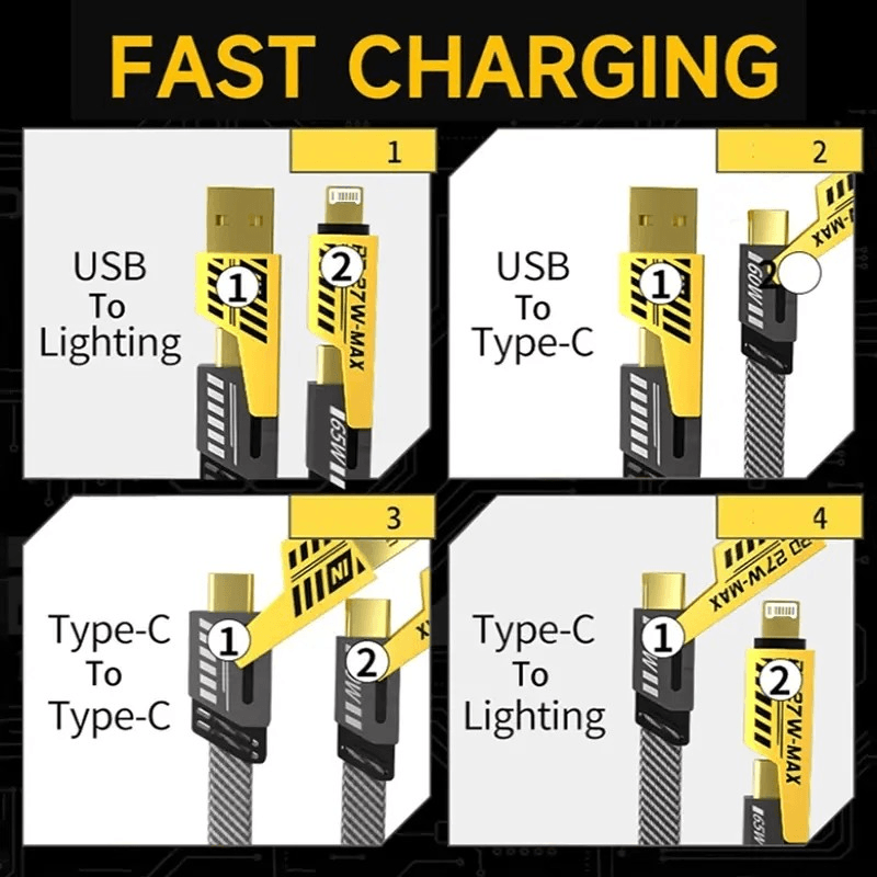 Laptop, Telefoane si Tablete - Telefoane mobile si accesorii - Accesorii Telefoane - Cabluri si adaptoare telefoane - Cablu de incarcare Multiplu 4in1 Super Fast - PD 27W, USB 65W- 1,2Metri, Negru ABYZ™ - Infinity.ro