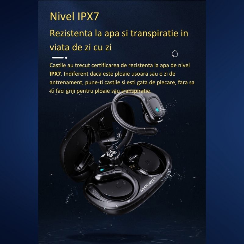 TV, Audio-Video si Foto - Portabile audio - Casti audio - Casti Wireless Sport MIANDREE® ActiveBuds, True Wireless, BT 5.3, Handsfree, ANC, Voice Assistant, 40h, Rezistente, LED - Infinity.ro