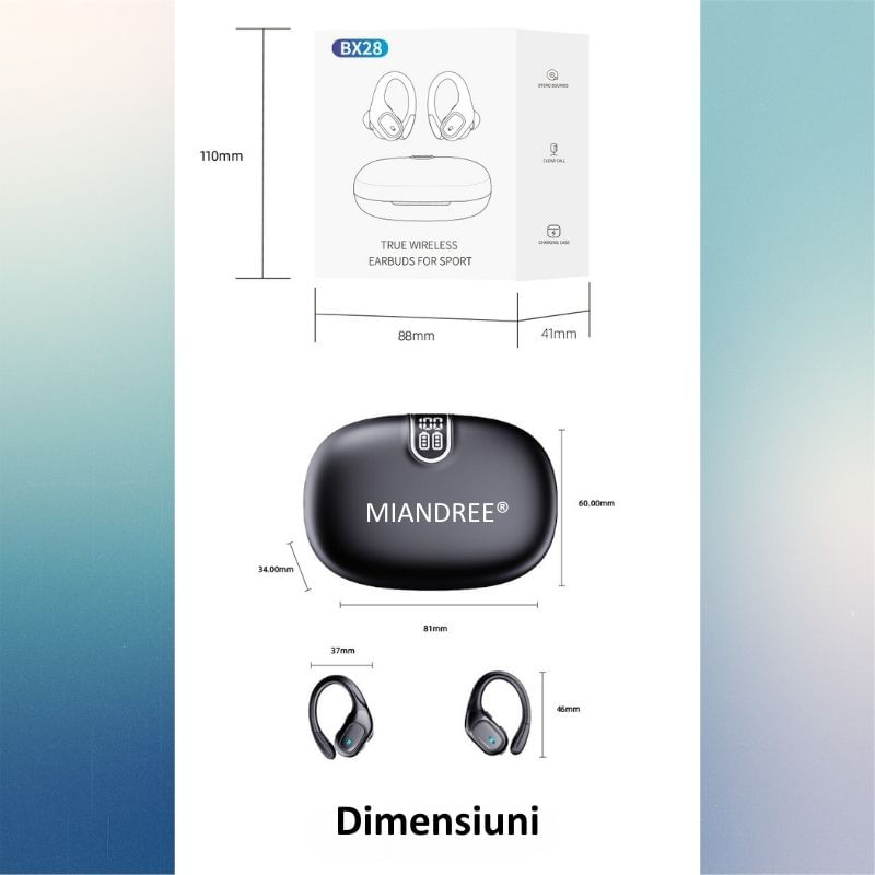 TV, Audio-Video si Foto - Portabile audio - Casti audio - Casti Wireless Sport MIANDREE® ActiveBuds, True Wireless, BT 5.3, Handsfree, ANC, Voice Assistant, 40h, Rezistente, LED - Infinity.ro