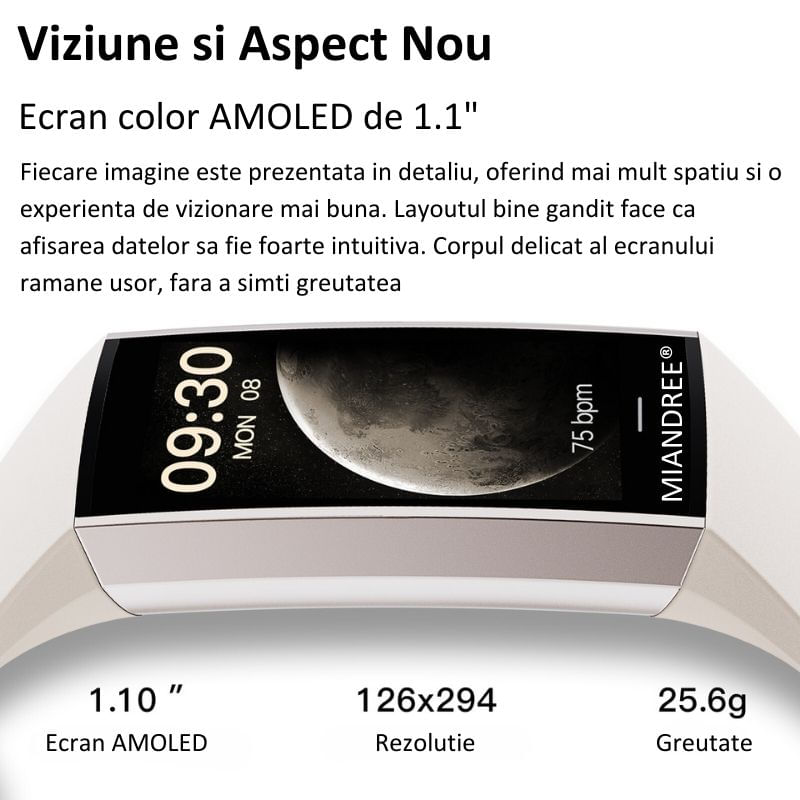 Laptop, Telefoane si Tablete - Wearables si gadgeturi - Wearables - Bratari fitness - Bratara Fitness MIANDREE®, Puls/Somn/Tensiometru/Oximetru, AMOLED, Always-On-Display, Compatibil iPhone/Samsung/Huawei - Infinity.ro