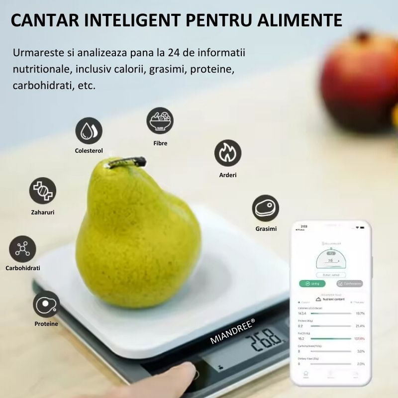 Electronice si Electrocasnice - Electrocasnice bucatarie - Mixere, tocatoare & roboti de bucatarie - Cantare de bucatarie - Cantar Bucatarie Inteligent MIANDREE®,24 Indici Nutritionali,Calorii/Proteine/Grasimi/Carbohidrati,Apple Health/Fitbit - Infinity.ro