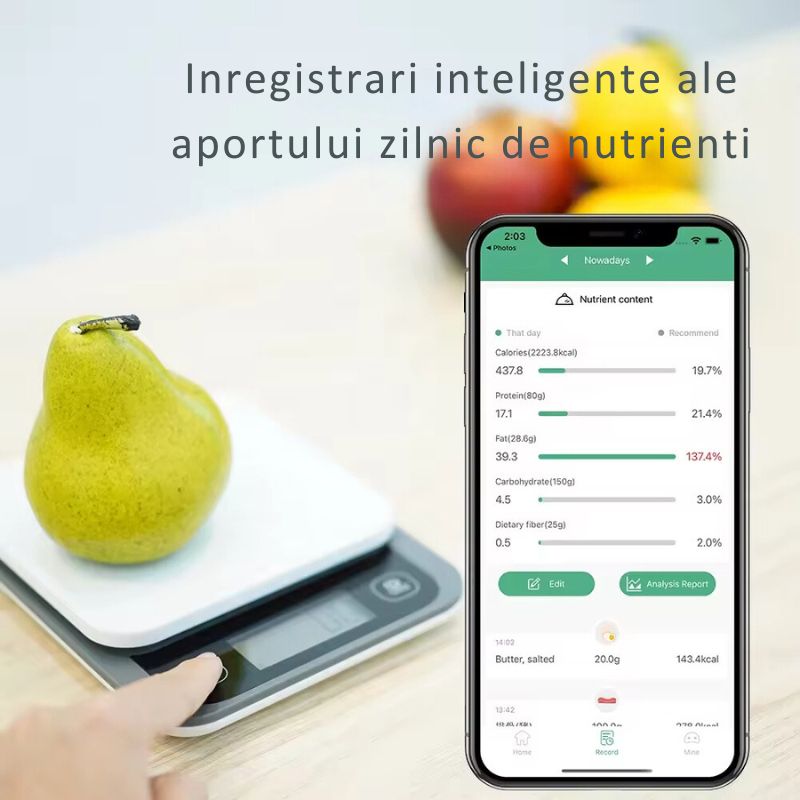 Electronice si Electrocasnice - Electrocasnice bucatarie - Mixere, tocatoare & roboti de bucatarie - Cantare de bucatarie - Cantar Bucatarie Inteligent MIANDREE®,24 Indici Nutritionali,Calorii/Proteine/Grasimi/Carbohidrati,Apple Health/Fitbit - Infinity.ro