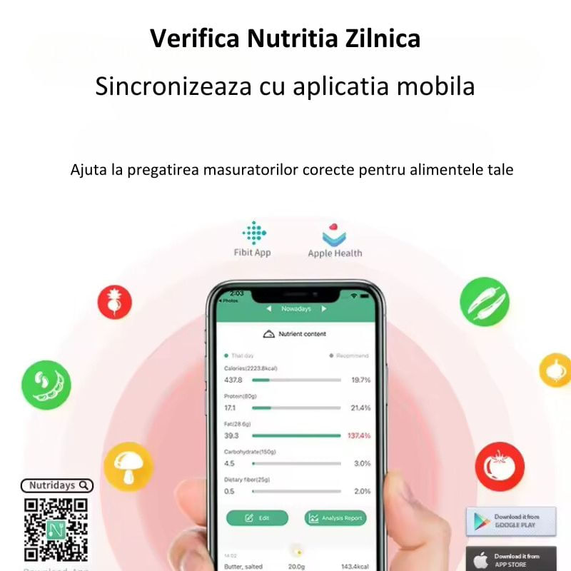 Electronice si Electrocasnice - Electrocasnice bucatarie - Mixere, tocatoare & roboti de bucatarie - Cantare de bucatarie - Cantar Bucatarie Inteligent MIANDREE®,24 Indici Nutritionali,Calorii/Proteine/Grasimi/Carbohidrati,Apple Health/Fitbit - Infinity.ro
