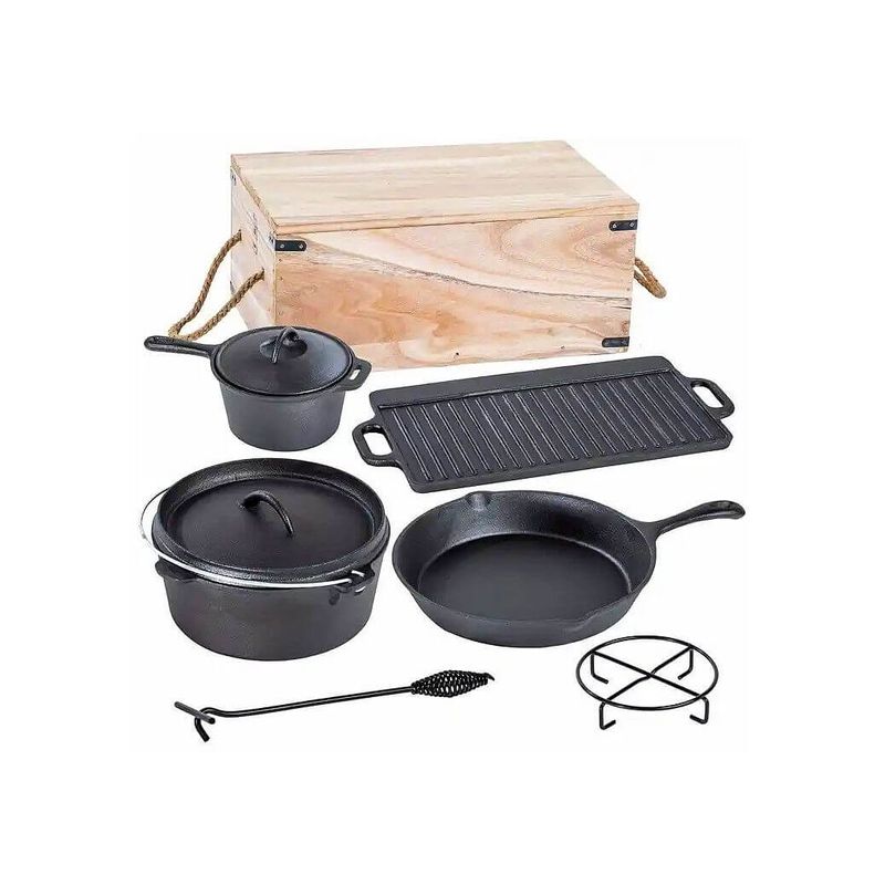 Casa si Gradina - Gradina si terasa - Gratare si accesorii - Gratare de gradina - Set gratar BBQ de camping din fonta in cutie de lemn 6+1piese - Infinity.ro