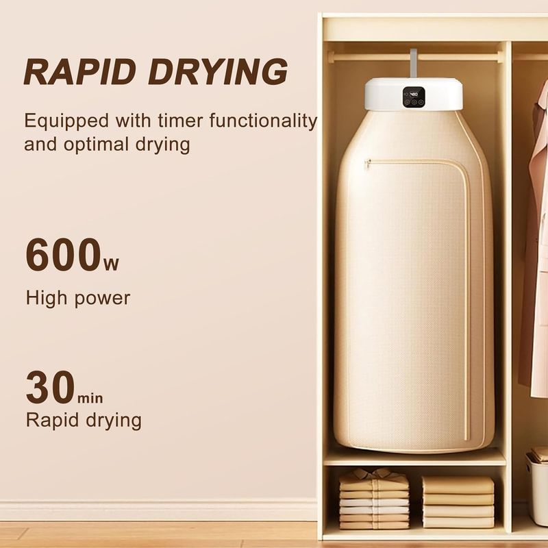Market - Spalare si intretinere rufe - Uscatoare de rufe si accesorii - Uscator de Haine Portabil BYNOVIS®, Capacitate 10KG - 9-12 haine, Temperatura constanta, Putere MAX 600W, Uscare rapida, Timer, Compact, Calitate premium, Sac Lavabil, Pentru orice tip de haine, Lampa - Infinity.ro