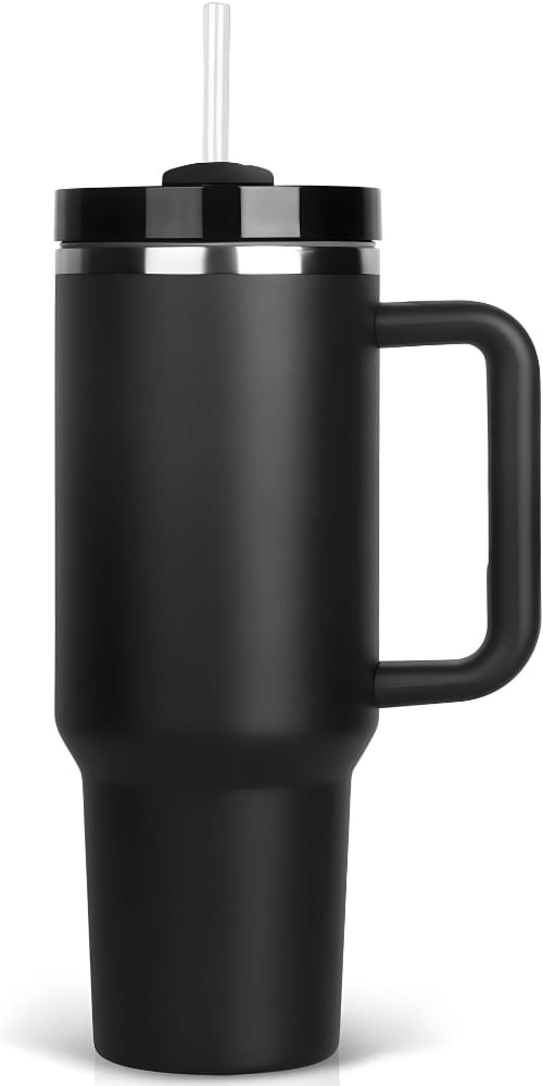 Cana termos , 1200ml,  Cu maner , Capac si Pai, Reutilizabila, Din otel inoxidabil, Pentru bauturi calde si reci, Negru