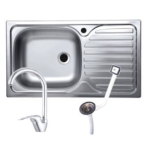 Set chiuveta inox anticalcar de blat + baterie lebada + sifon cu preaplin, 43.5x76cm, cuva stanga