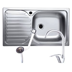 Set chiuveta inox anticalcar de blat + baterie inalta + sifon cu preaplin, 43.5x76 cm, cuva dreapta