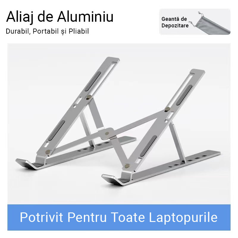 Laptop, Telefoane si Tablete - Laptopuri si accesorii - Accesorii Laptop - Standuri/Coolere notebook - Suport Laptop Pliabil, Reglabil pe Inaltime, Pana la 15,6 Inch, Picioare Antiderapante, Portabil, Aluminiu, Argintiu - Infinity.ro