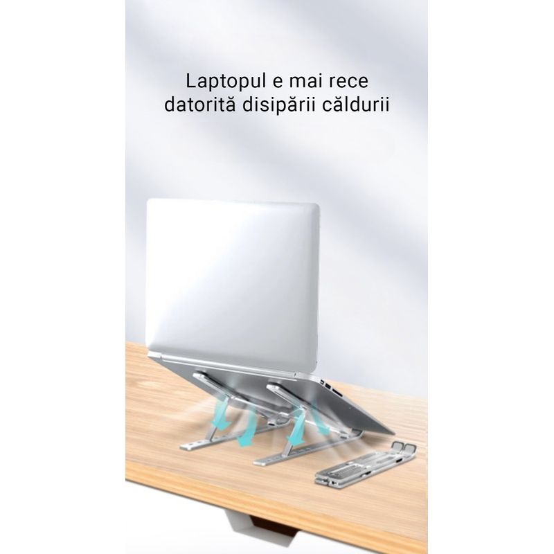 Laptop, Telefoane si Tablete - Laptopuri si accesorii - Accesorii Laptop - Standuri/Coolere notebook - Suport Laptop Pliabil, Reglabil pe Inaltime, Pana la 15,6 Inch, Picioare Antiderapante, Portabil, Aluminiu, Argintiu - Infinity.ro