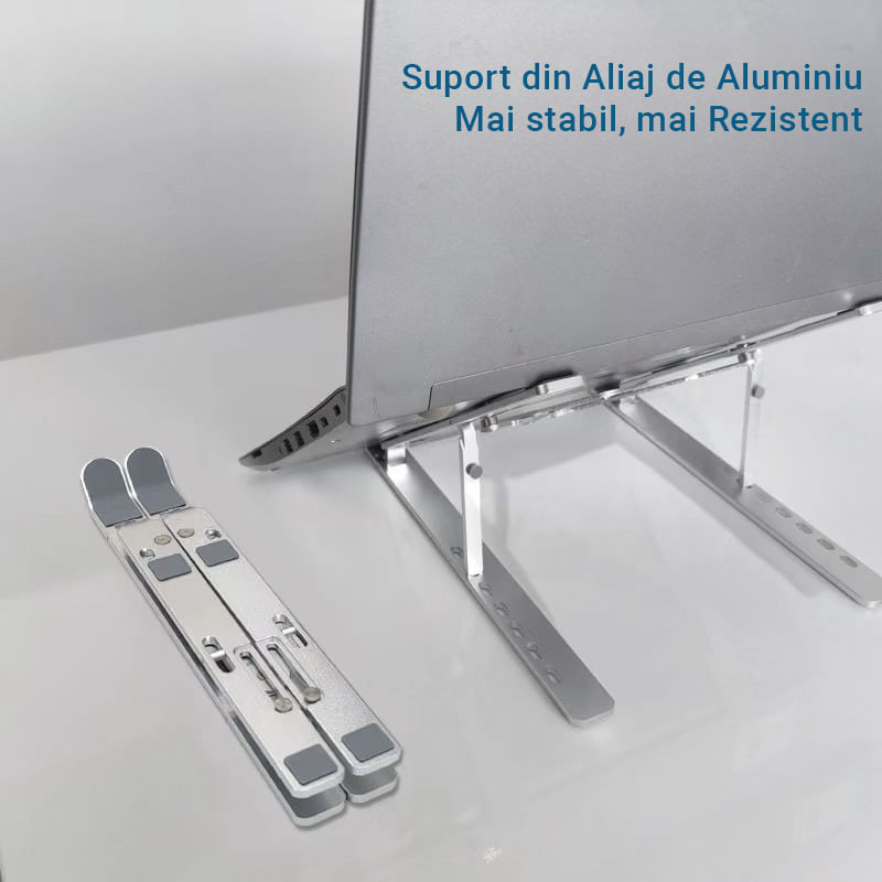 Laptop, Telefoane si Tablete - Laptopuri si accesorii - Accesorii Laptop - Standuri/Coolere notebook - Suport Laptop Pliabil, Reglabil pe Inaltime, Pana la 15,6 Inch, Picioare Antiderapante, Portabil, Aluminiu, Argintiu - Infinity.ro