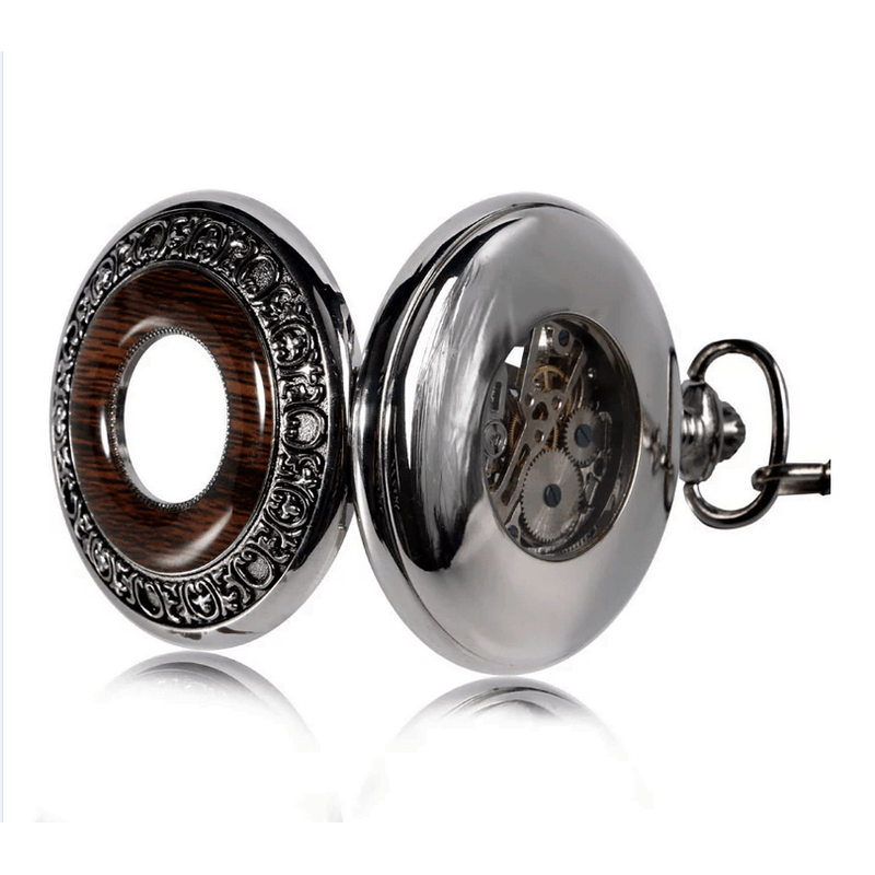 Fashion, accesorii si bijuterii - Barbati - Bijuterii barbati - Ceasuri barbati - Ceas de buzunar Gorben skeleton cu insertie din lemn si lant Mecanic Vintage , argintiu - Infinity.ro