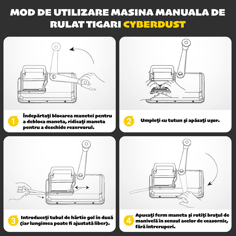 Market - Tutun si tigari - Articole si accesorii tutun - Masina Manuala de Rulat Tigari CYBERDUST, Injector de Tutun de Precizie, Maneta Finisata pentru Confort - Infinity.ro