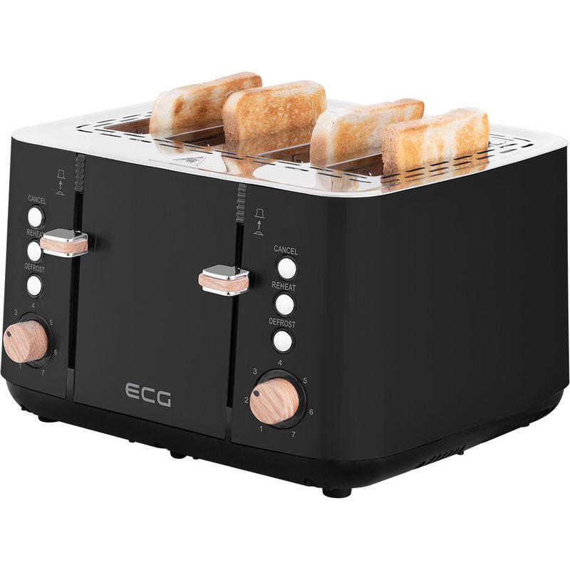 Electronice si Electrocasnice - Electrocasnice bucatarie - Preparare paine - Prajitoare de paine - Prajitor de paine ECG ST 4768 Timber Black, 1850 W, 4 felii, 7 grade de rumenire, otel inoxidabil si elemente din lemn - Infinity.ro
