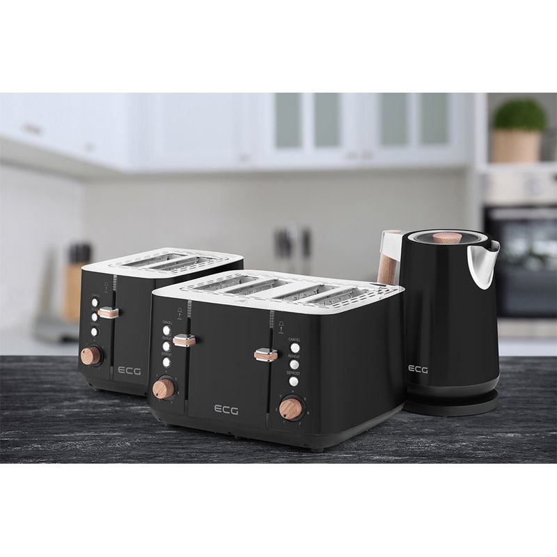 Electronice si Electrocasnice - Electrocasnice bucatarie - Preparare paine - Prajitoare de paine - Prajitor de paine ECG ST 4768 Timber Black, 1850 W, 4 felii, 7 grade de rumenire, otel inoxidabil si elemente din lemn - Infinity.ro