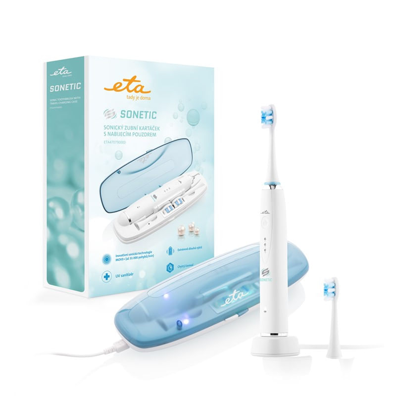 Ingrijire personala si Cosmetice - Igiena dentara - Periute de dinti electrice - Periuta electrica sonica ETA Sonetic Holiday 4707 90000, dezinfectare UV, 2 capete, alb - Infinity.ro
