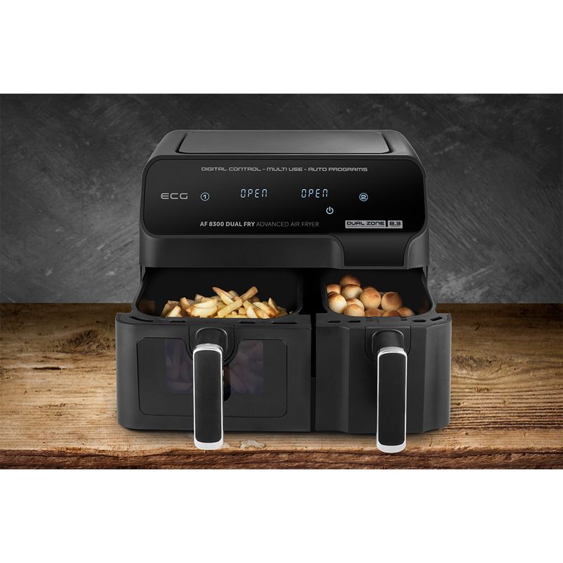 Electronice si Electrocasnice - Electrocasnice bucatarie - Aparate de gatit & desert - Friteuze - Friteuza dubla cu aer cald ECG AF 8300 Dual Fry, 5.2 + 3.1 litri, 2700 W, 8 programe, control temperatura 80-200°C - Infinity.ro