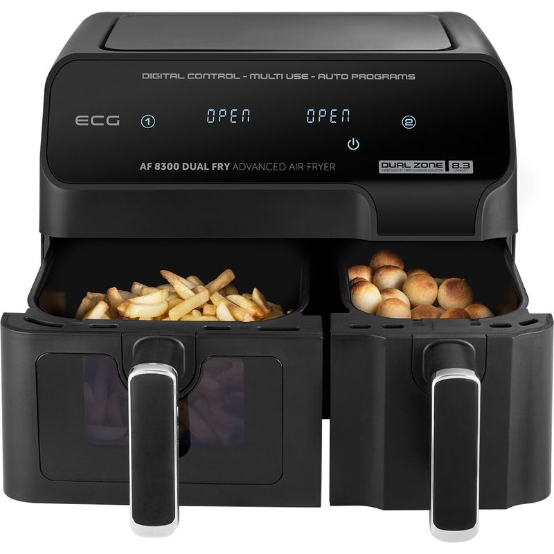 Electronice si Electrocasnice - Electrocasnice bucatarie - Aparate de gatit & desert - Friteuze - Friteuza dubla cu aer cald ECG AF 8300 Dual Fry, 5.2 + 3.1 litri, 2700 W, 8 programe, control temperatura 80-200°C - Infinity.ro