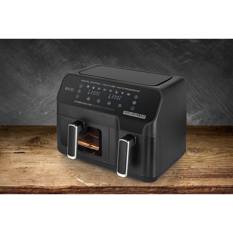 Electronice si Electrocasnice - Electrocasnice bucatarie - Aparate de gatit & desert - Friteuze - Friteuza dubla cu aer cald ECG AF 8300 Dual Fry, 5.2 + 3.1 litri, 2700 W, 8 programe, control temperatura 80-200°C - Infinity.ro