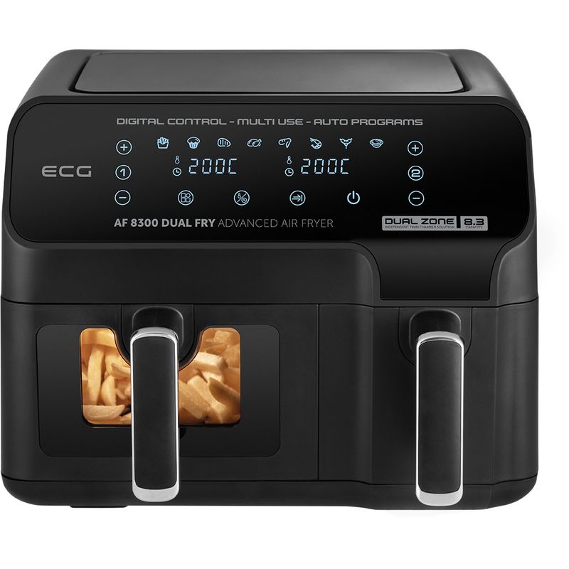 Electronice si Electrocasnice - Electrocasnice bucatarie - Aparate de gatit & desert - Friteuze - Friteuza dubla cu aer cald ECG AF 8300 Dual Fry, 5.2 + 3.1 litri, 2700 W, 8 programe, control temperatura 80-200°C - Infinity.ro