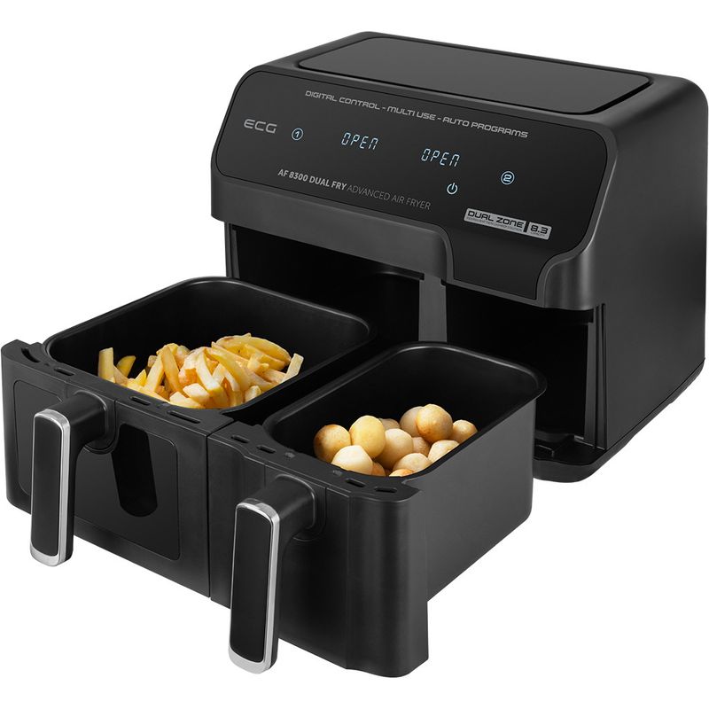 Electronice si Electrocasnice - Electrocasnice bucatarie - Aparate de gatit & desert - Friteuze - Friteuza dubla cu aer cald ECG AF 8300 Dual Fry, 5.2 + 3.1 litri, 2700 W, 8 programe, control temperatura 80-200°C - Infinity.ro