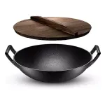 Casa si Gradina - Bucatarie si vesela - Vase pentru gatit - Oale si cratite - Wok Traditional Chinezesc din Fonta cu Capac din Lemn  Mare, 36,5 cm - Infinity.ro