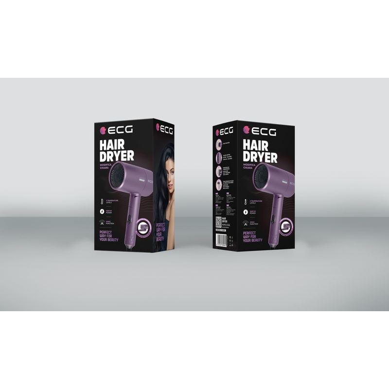Ingrijire personala si Cosmetice - Aparate & accesorii ingrijire personala - Hair styling - Uscatoare de par - Uscator de par cu ionizare ECG Modifica Chiara, 1600 W, 2 niveluri de temperatura, concentrator, violet - Infinity.ro