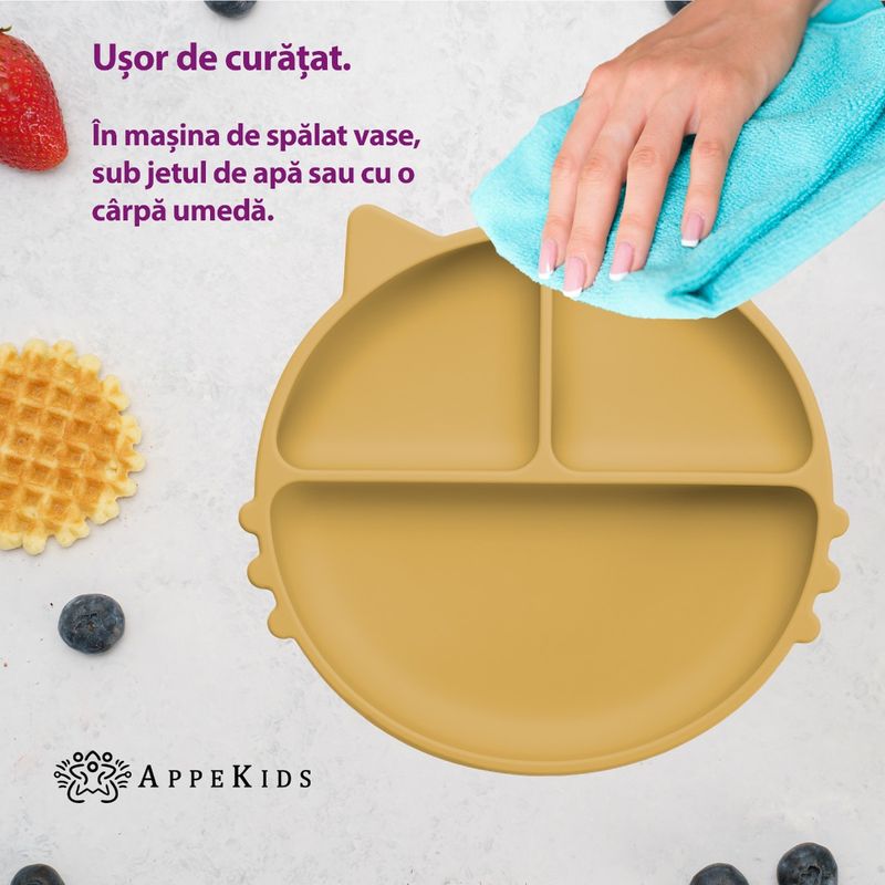 Jucarii, Copii si Bebe - Hrana si alaptare - Biberoane, suzete si accesorii hranire - Articole hranire bebelusi - Farfurie compartimentata din silicon cu ventuza, AppeKids - Kitty - Honey - Infinity.ro
