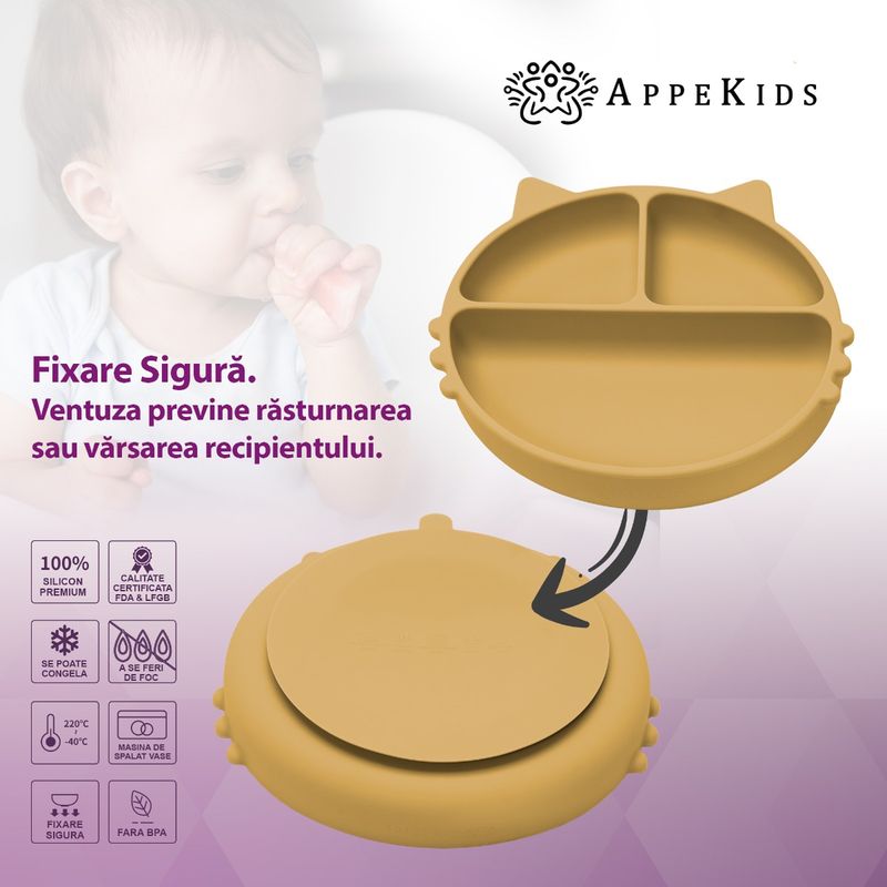 Jucarii, Copii si Bebe - Hrana si alaptare - Biberoane, suzete si accesorii hranire - Articole hranire bebelusi - Farfurie compartimentata din silicon cu ventuza, AppeKids - Kitty - Honey - Infinity.ro