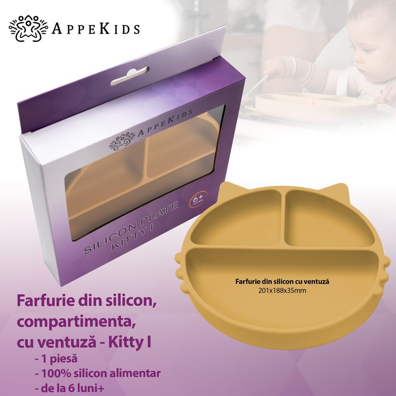 Jucarii, Copii si Bebe - Hrana si alaptare - Biberoane, suzete si accesorii hranire - Articole hranire bebelusi - Farfurie compartimentata din silicon cu ventuza, AppeKids - Kitty - Honey - Infinity.ro